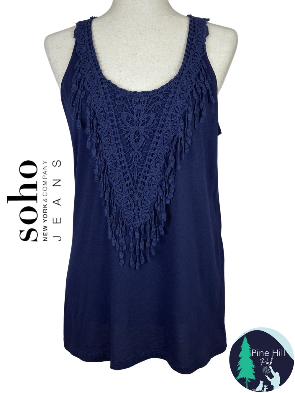 SOHO Jeans Women’s Small Navy Crochet Lace Tank Top Sleeveless Boho 100% Cotton
